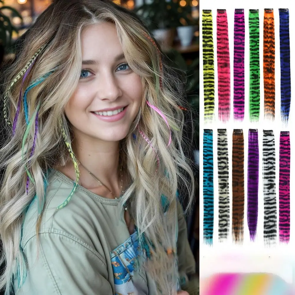 Заколки для наращивания волос с принтом в полоску, красочные синтетические мелирование волос, 18-дюймовые прямые парики, шиньоны для ежедневного использования, вечеринки