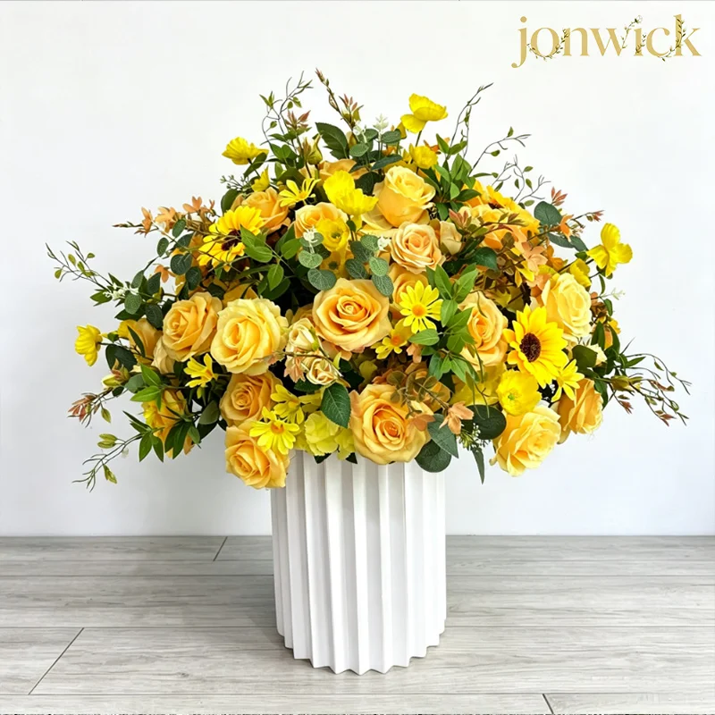 Gelber 30-80cm großer künstlicher Rosen-Pfingstrosen-Blumenball für Tischdekorationen, 5D Hochzeitstisch-Accessoires, Bühnen- und Gangdekoration, Blumenball – Detail 2