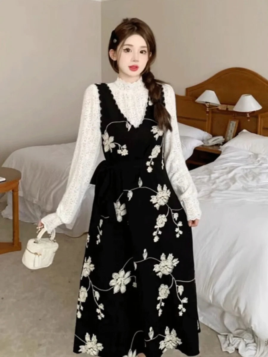 Bloemen A-lijn Dr Dames Los Casual Artistiek Taille-Knipperend Afslanken V-Ne Bla Lange Strapl Jurk Miss Gong