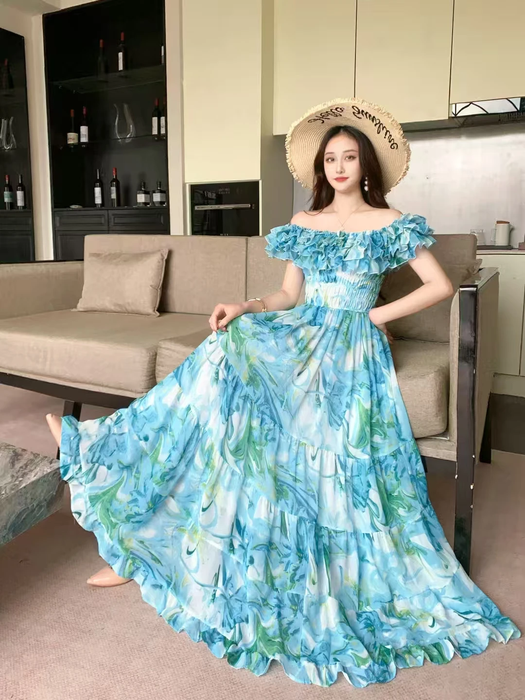 

2025 New Summer Women Sexy Off Shoulder Ruffled Slash Neck Slim Long Dress High Quality Elegant Big Hem Chiffon Floral Dress