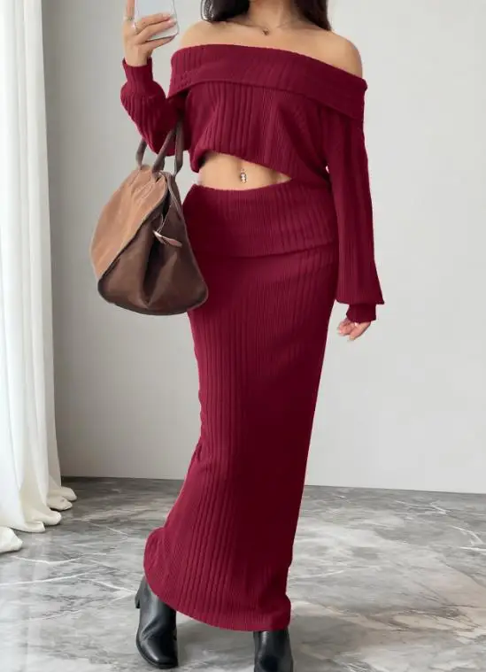 

Vintage Elegant One-Shoulder Knitted Fashion Set Warm Solid Color Autumn/Winter 2025 New Arrival