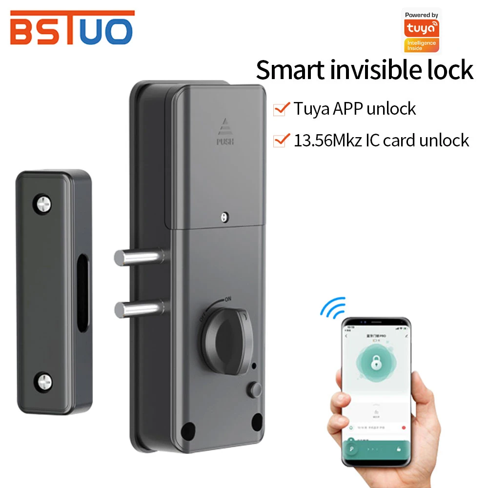 Support Tuya APP Smart Home Bluetooth Door Lock 13.56Mhz IC Card Motor Lock Keyless No Drill Hole Installation Support Gateway