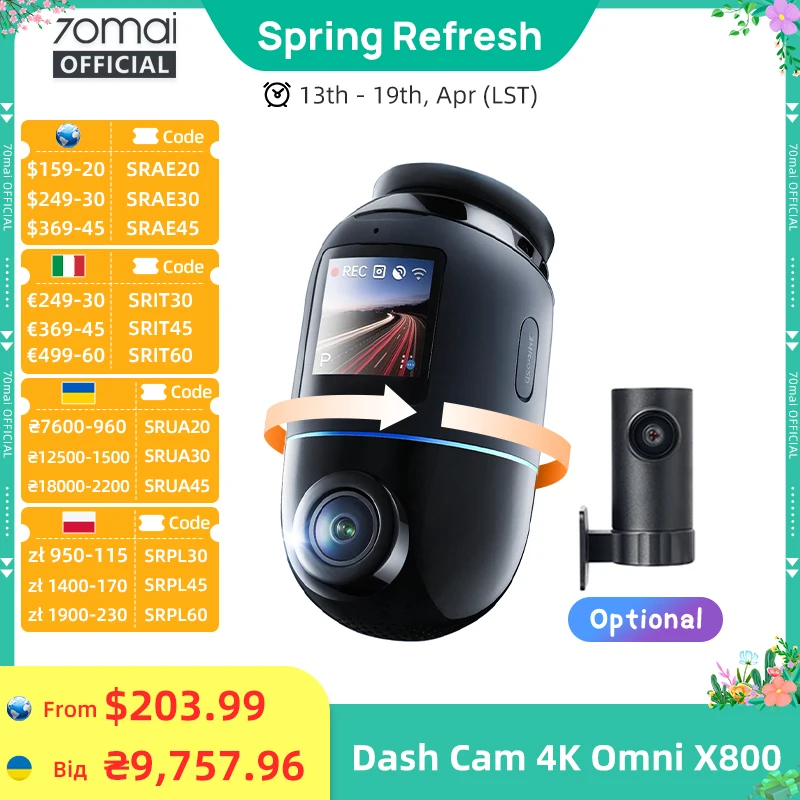 

Global Version 70mai Dash Cam 4K Omni X800 360° Rotating Dual-Channel HDR Supported 4G Compatible Supercapacitor 70mai X800 Omni