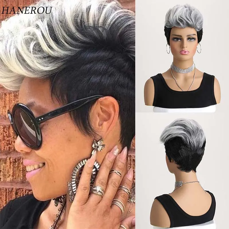 

Synthetic Short Pixie Cut Fluffy Wigs White Gradient Black Straight Layered Wigs For Women Daily Wear Fake Hair