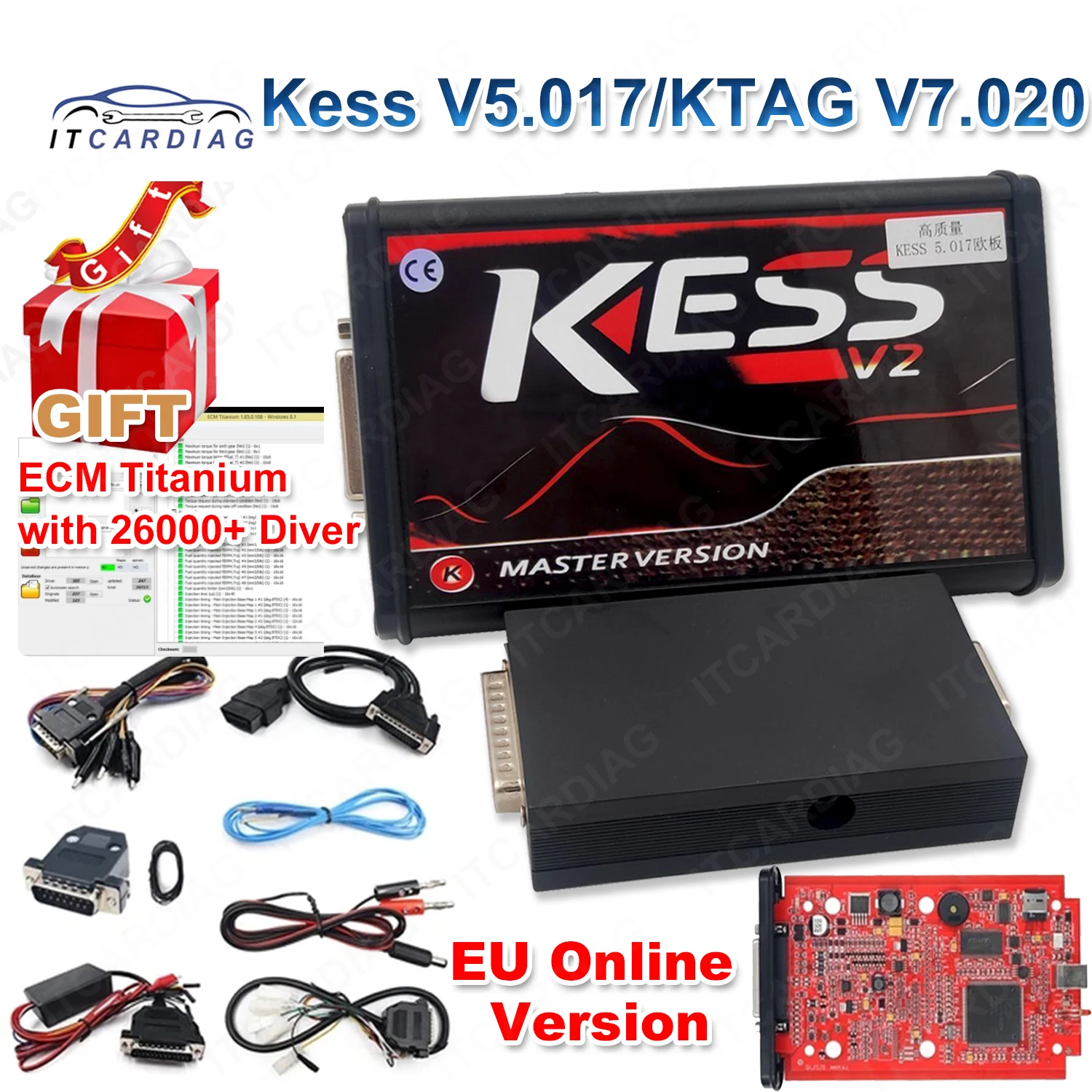 Online Unlimited KESS 2.80 EU Red V5.017 KTAG V7.020 4 LED 2.25 OBD2 OBD2 Car ECU Chip Tuning Kit 5.017 k-tag Programmer Tools