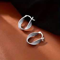 Silver Color Fried Dough Twists Hoop Earrings for Women Vintage Unique Design Earring Girls Daily Party Jewelry