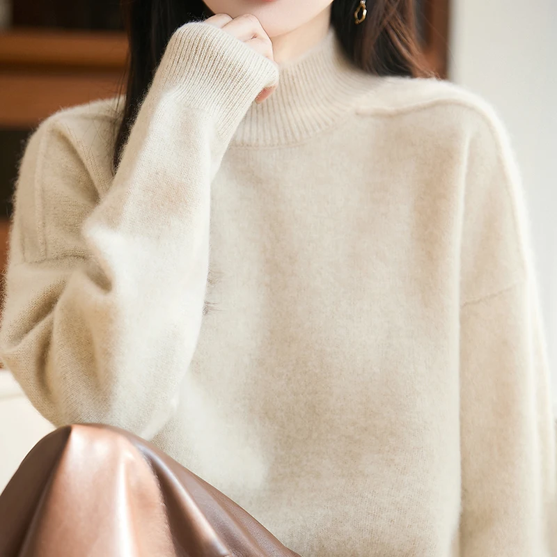 

Новый женский вязаный свитер из 100% шерсти с круглым вырезом, свободный и повседневный, с длинными рукавами, для весны и осени.