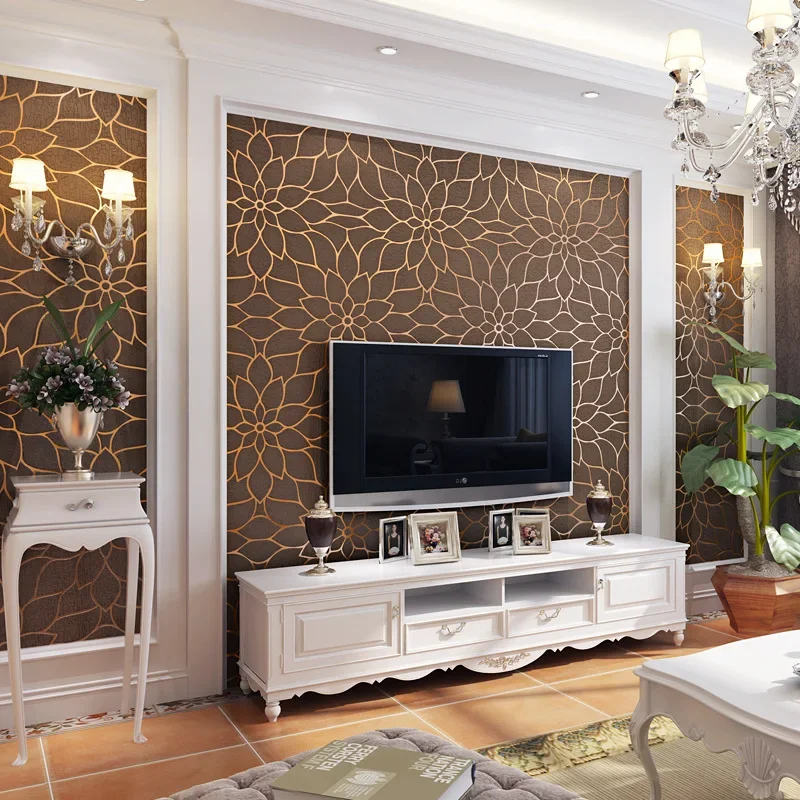 Modern simple 3D three-dimensional imitation lotus deer leather velvet wallpaper embossed velvet bedroom living room background