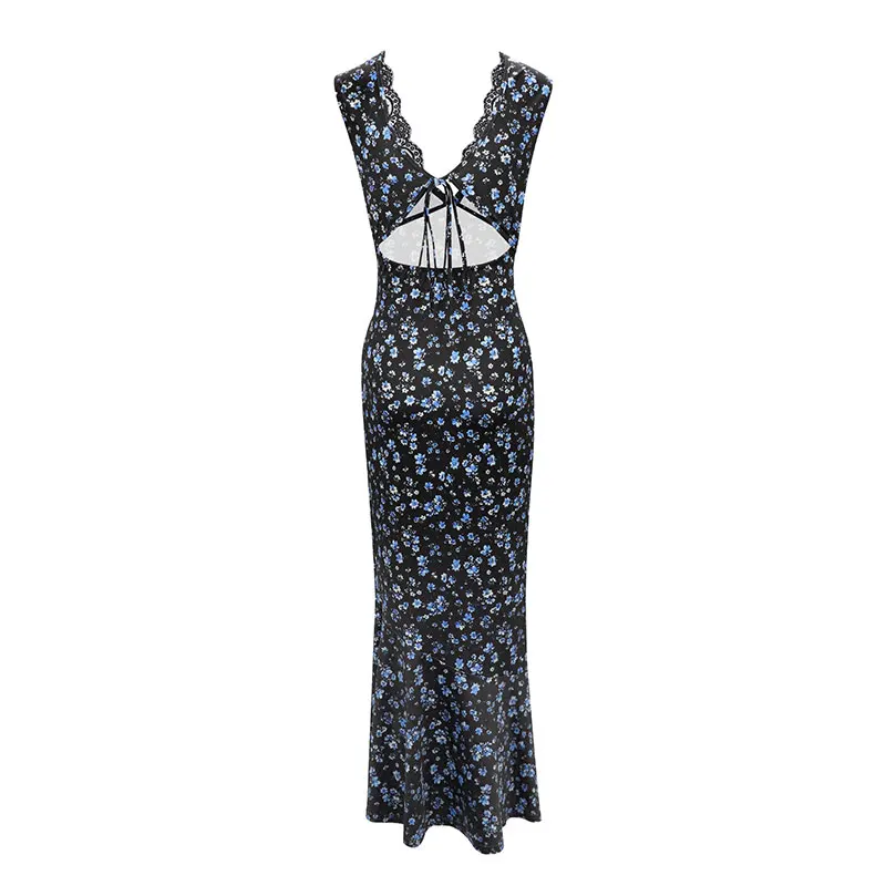 Vestidos femininos verão novo sexy renda com decote em v sem costas floral maxi vestido moda impressão rendas feminino casual vestidos finos roupas