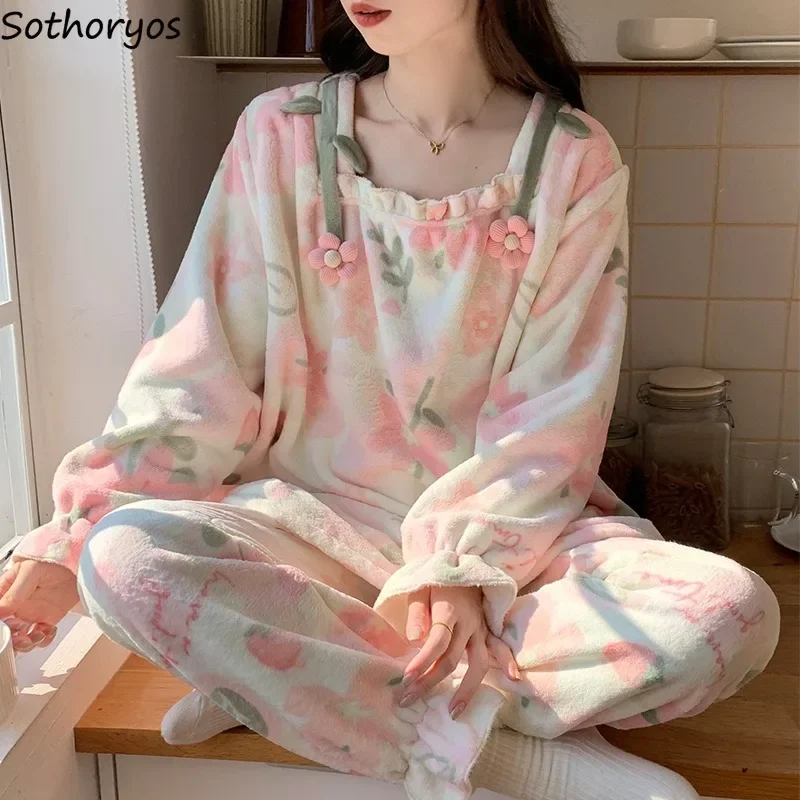 

Pajama Sets Women Floral Ins Flannel Princess Style Square Collar 3D Flower Trendy Korean Fashion Winter Flare Sleeve Homewear