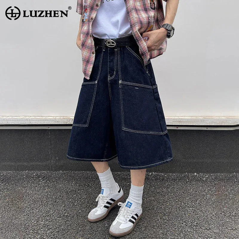 

LUZHEN Personalized Streetwear Wide Leg Loose Cropped Denim Pants Men 2025 Summer Big Pockets Design Short Jeans Stylish JY2961