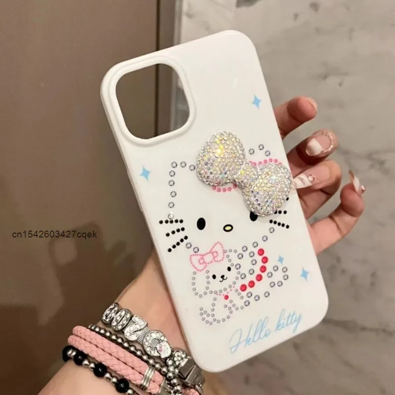 Sanrio Hello Kitty 3D Glitter Diamond Bow Spice Girls Phone Case For Iphone 16 15 14 13 12 11 Promax Women New Trend Phone Cover