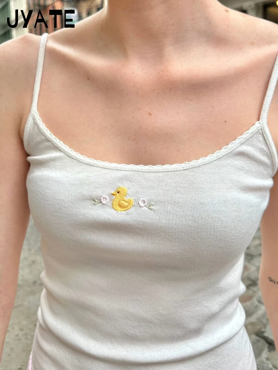 Sweet Little Duck Embroidery Graphic Camis Women Summer New Cotton White Fairycorn Style Crop Tops Cute Street Chic Tank Top Y2K