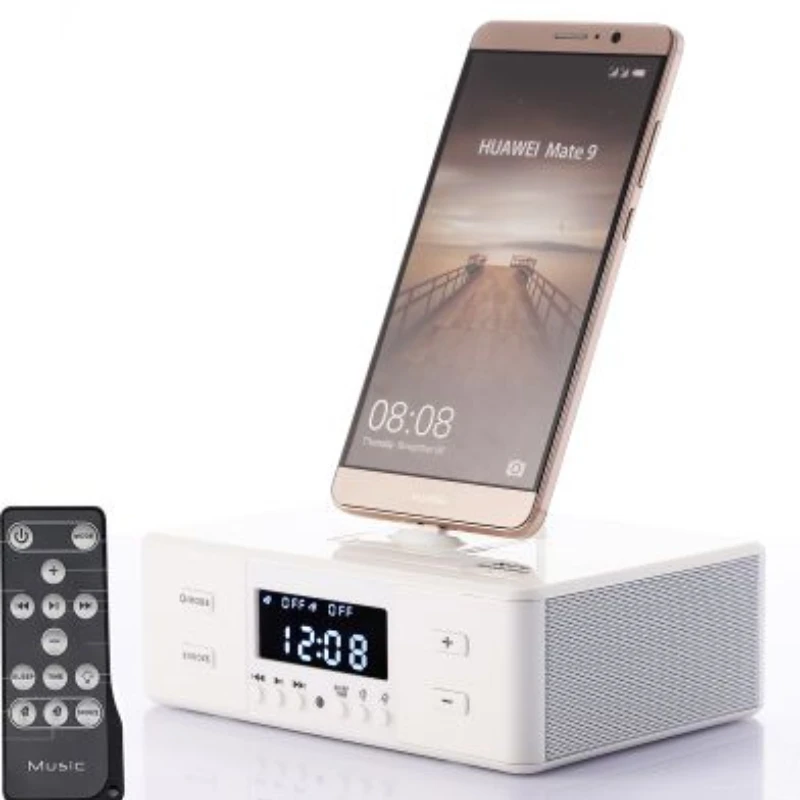 Unique 3 in 1 Android phone and iphone docking Charging Wireless smart Speaker  FM radio Alarm Clock   for hotel bedside