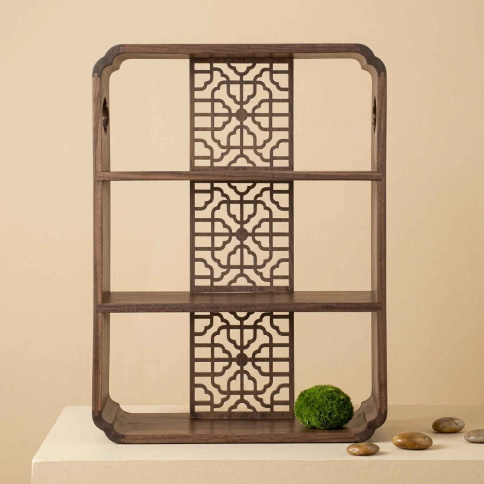 Wood Display Shelf with Carved Lattice Walnut Finish Three-Tier Shelf Wooden Bookshelf Compact Bookcase Traditional