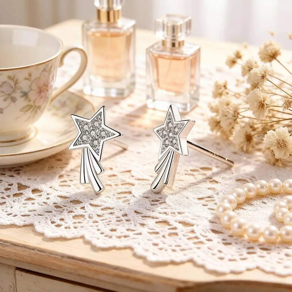 Delicate 925 Sterling Silver Star Shape Meteor Crystal Zircon Stud Earrings for Women Girls Wedding Party Fashion Jewelry Gifts