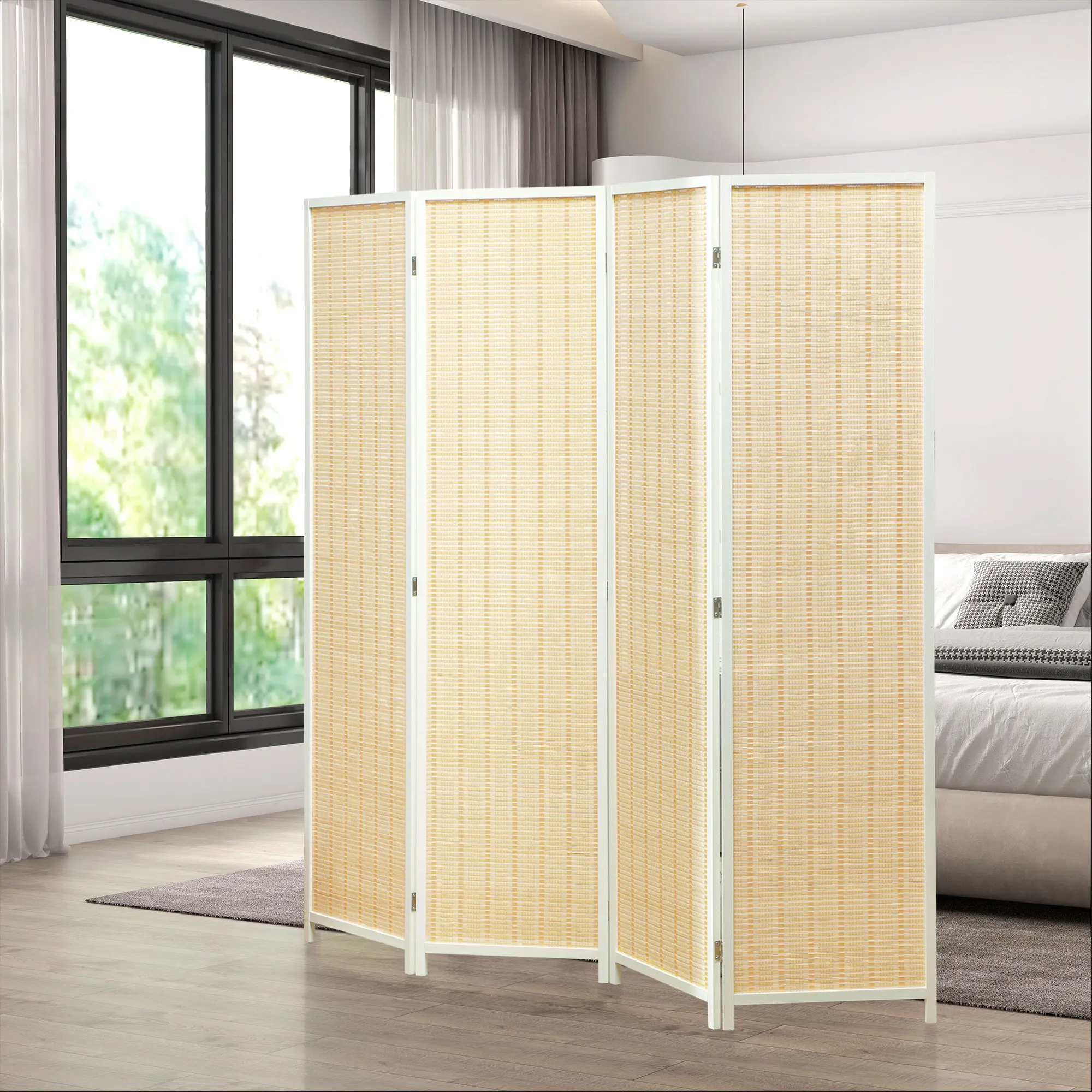 HOMCOM 4 Panel Collapsible 180x180 cm Handknitted Bamboo White