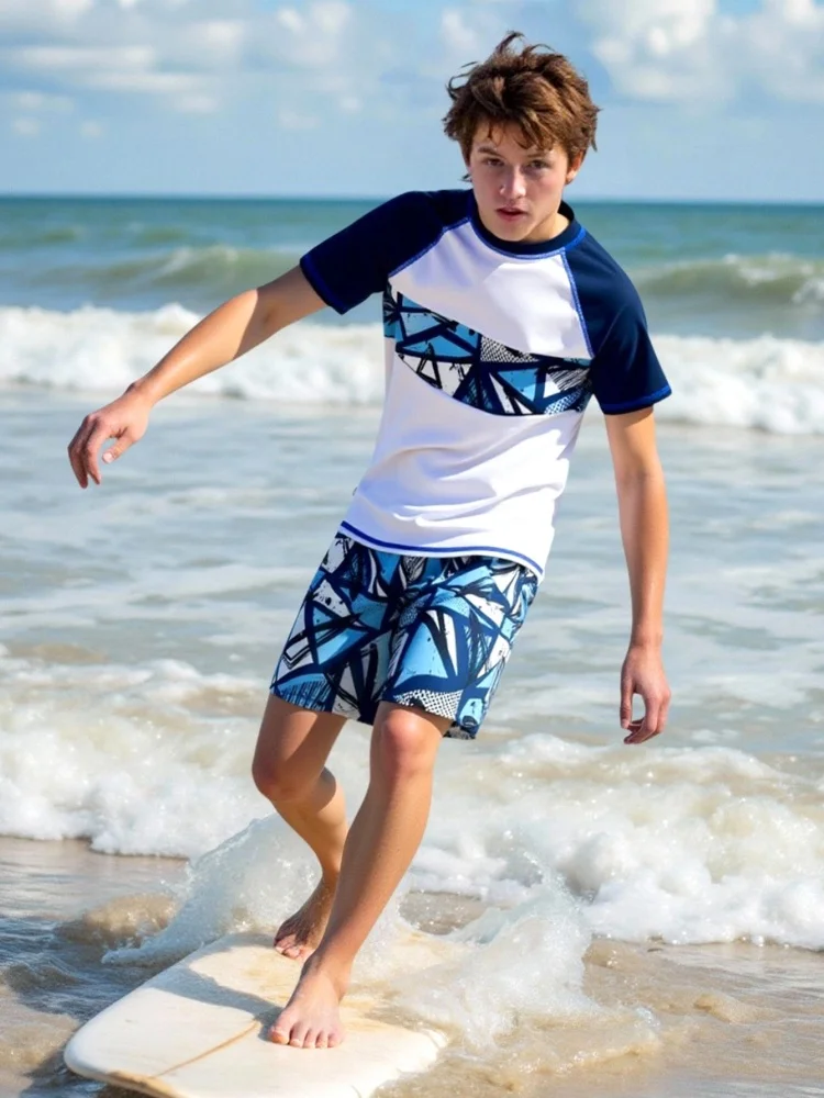 Boy Kids Swimsuit 2026 New White Blue Geometry Short Sleeves Children Swimwear Summer 2 Piece Beach Shorts Bathing Suit Swimming