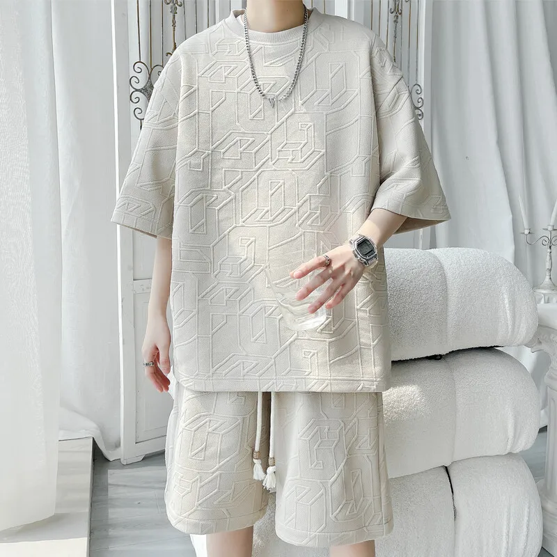 

New Summer Waffle Round Neck Short Sleeved T-shirt for Men's Short Sleeved Top T-shirt+Shorts Suit Oversized Two-Piece Set