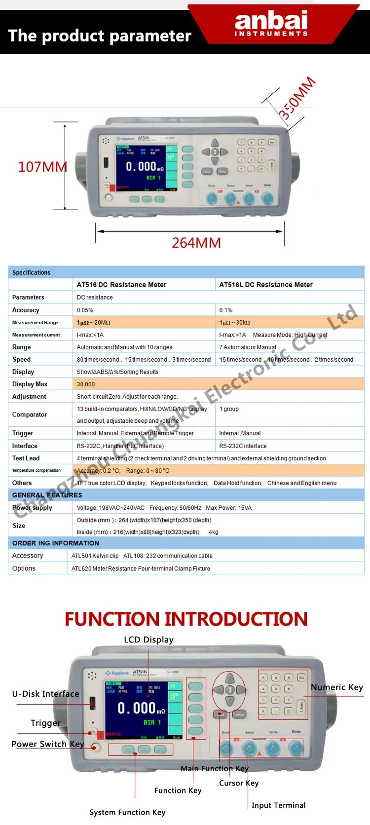 เครื่องวัดมิลลิโอห์มแบบดิจิตอล Anbai AT516L ปี 2025 เครื่องทดสอบความต้านทานกระแสตรง อุปกรณ์ทดสอบไมโครโอห์ม