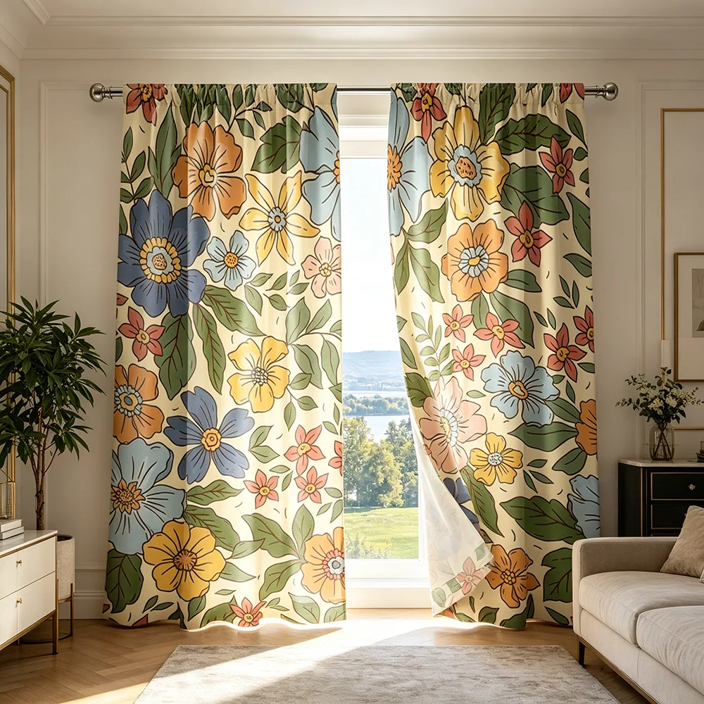 2PCS Colorful Flower Green Leaf Curtains, Botanical Print, Nature Window Drapes for Living Room Bedroom Home Decor