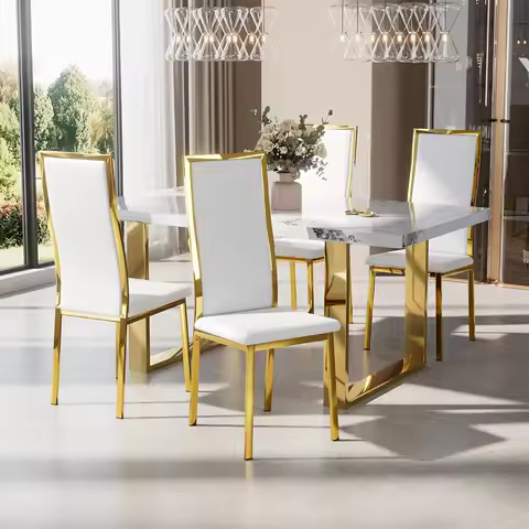 White Faux Leather Dining Chairs 4pcs Curved High Back Chrome Gold Legs Kitchen Non-Slip Easy Assembly, Customized