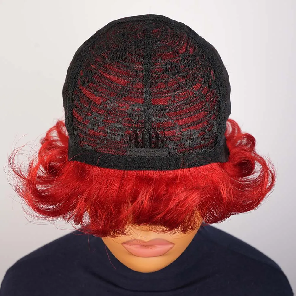 شعر مستعار أحمر قصير الطبقات بقص عابث للنساء ذوات البشرة السمراء، شعر بشري ريمي مستقيم مصنوع آليًا مع غرة للاستخدام اليومي