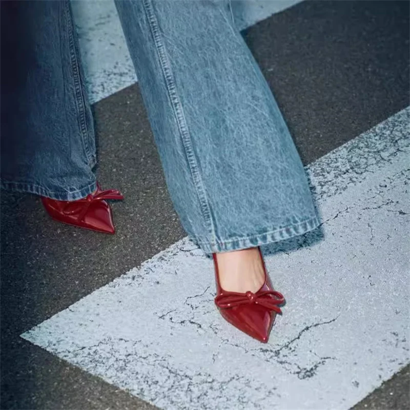 TRAF Red Bow Stilettos Slingbacks Pumps Women Point Head Patent Leather High Heels Summer Thin Midle Heel Sandals For Woman New