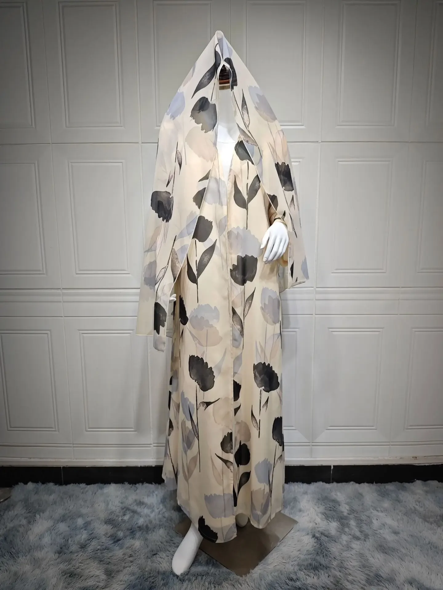 Veste de Robe musulmane Abaya, Cardigan ample pour femmes avec foulard, Cardigan ouvert imprimé à manches longues