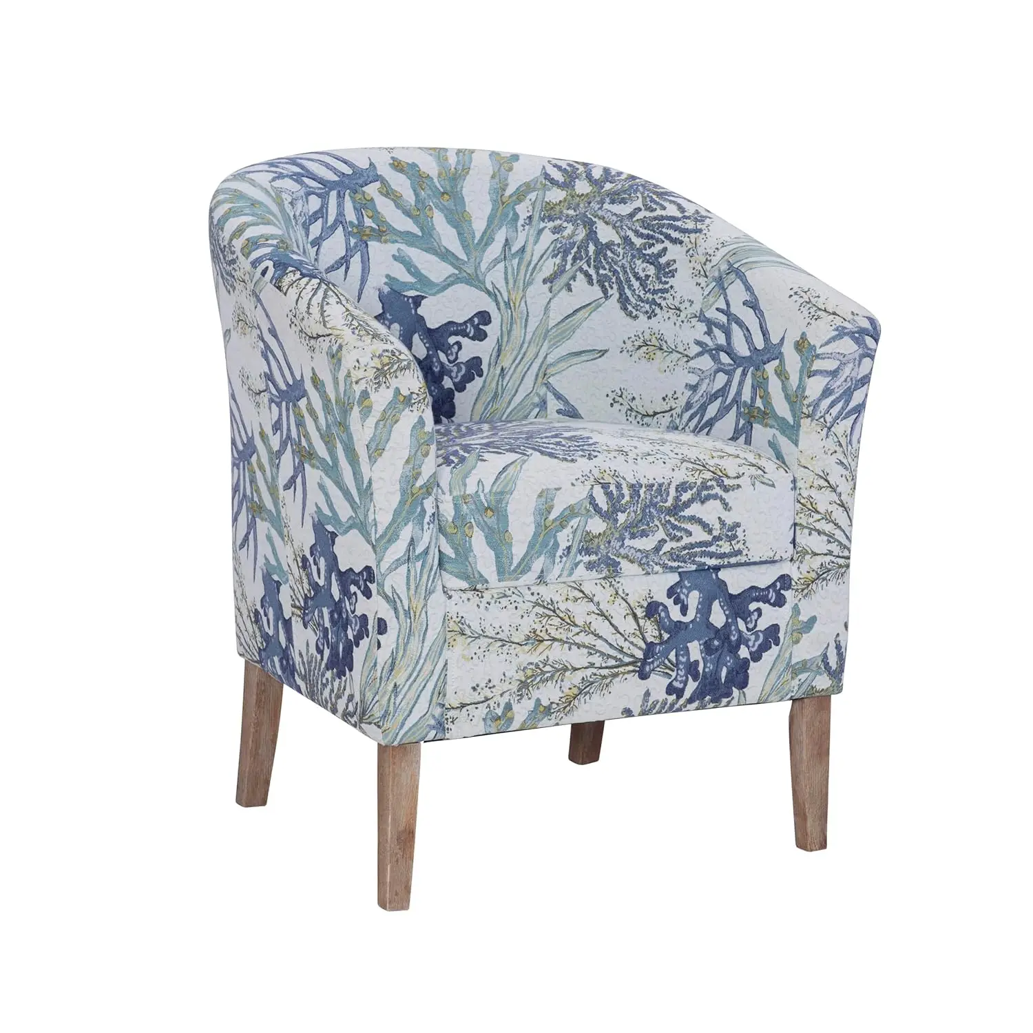 Ivory & Blue Upholstered Coastal Club Chair, Wooden Legs, Living Room Bedroom Accent, Customized