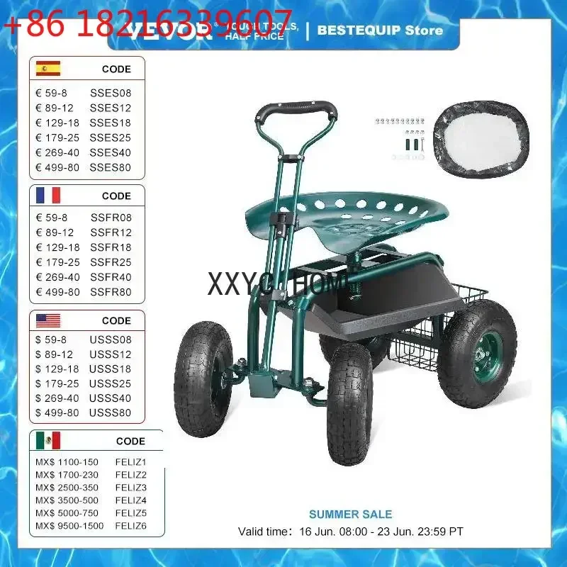 Garden Cart Rolling Workseat with Wheels Gardening Stool for Planting 360 Degree Swivel Seat Wagon Scooter with Steering