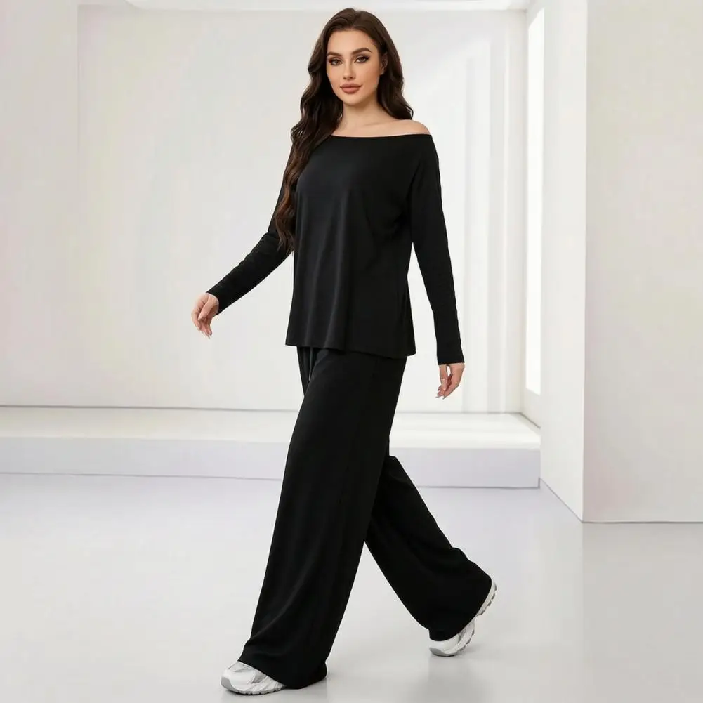 Women Sweatshirt Pants 2-Piece Set, Off Shoulder Long Sleeve Top & Wide Leg Trousers, Solid Color Matching Lounge Set
