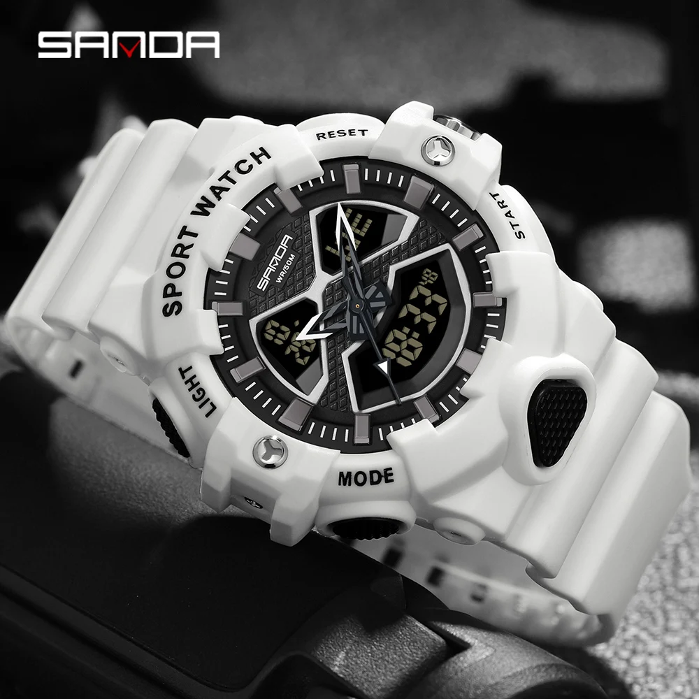ساعة يد رجالية ساندا ، 50 متر ، مقاومة للماء ، عسكرية ، رياضية ، شاشة مزدوجة ، كوارتز ، ساعة رقمية ليد