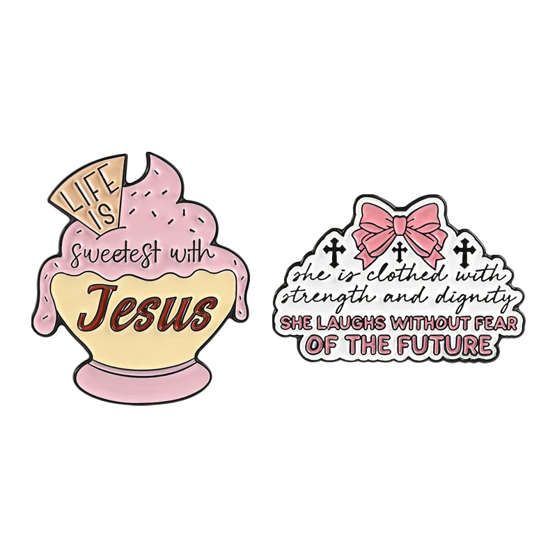 

Life is Sweeter With Jesus Enamel Pins Christian Faith Bible Bowknot Cross She Laughs Without Fear Of The Future Brooch Jewelry