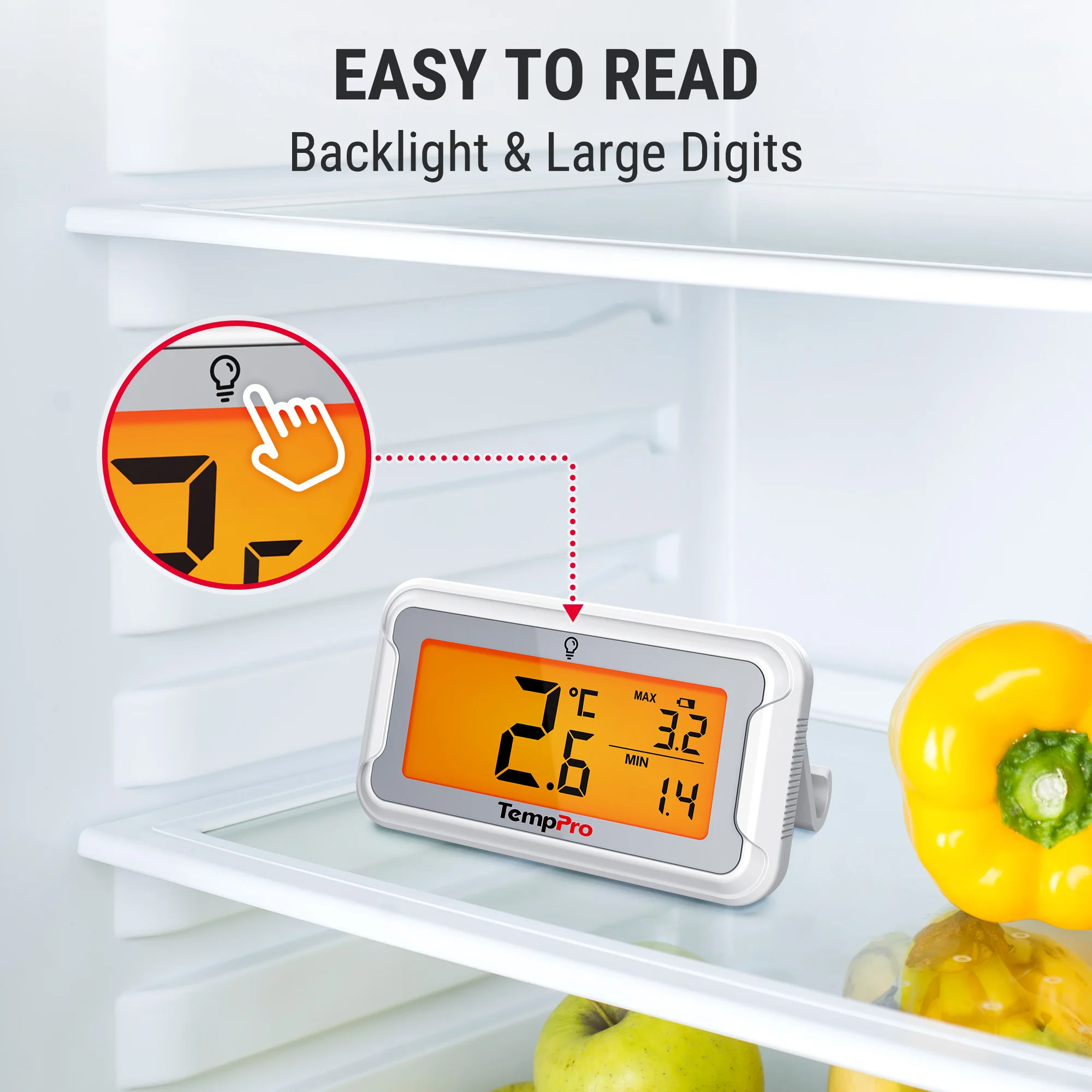 Min/Max Digital Refrigerator Freezer Thermometer with Backlit LCD, Hook and Stand for Fridge Kitchen Cooler, TempPro TP110 view 6