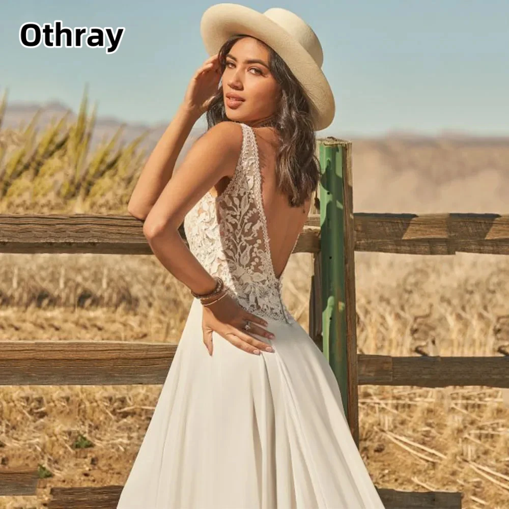 Othray Bohemian V-Neck Sleeveless Backless Wedding Dresses Lace Appliques A-Line Boho Chiffon Bride Gowns Sweep Train Robe De