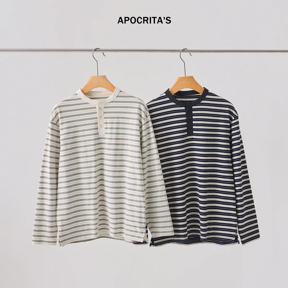 

Loose Long Sve T-irt Crew Ne Henry Collar Base Layer irt Stripe Pattern Casual Comfortable Cotton ex Autumn Top