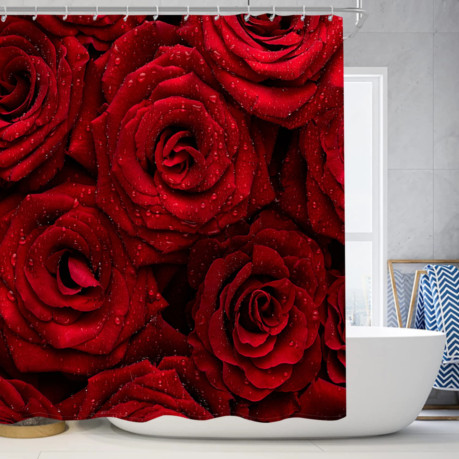 Blooming rose print shower curtain modern waterproof shower curtain polyester home décor bathroom curtain with hook