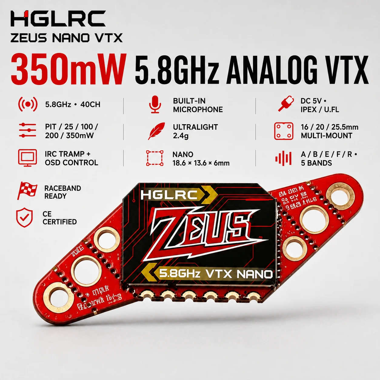 HGLRC Zeus Nano 350mW VTX 5.8GHz 40CH Analog FPV Transmitter PIT Mode IRC Tramp TBS Unify Pro32 Nano Alternative for Micro Drone