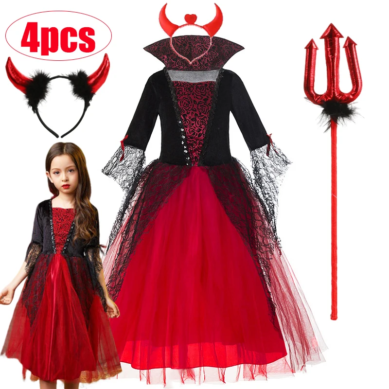 الفتيات تأثيري هالوين مصاص دماء الشيطان فستان للأطفال شبح العروس القوطية زي مصاص دماء كرنفال ملابس أسود أحمر شبكة الملابس