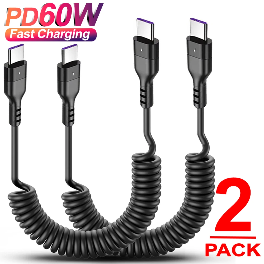 كابلات شحن سريعة PD60W عالية السرعة USB C إلى النوع C خط بيانات ملفوف قابل للسحب لهاتف آيفون 16 وسامسونج وشاومي شحن سريع