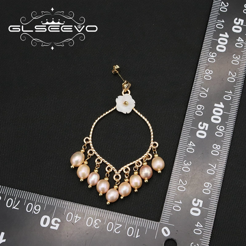 GLSEEVO Natural Pink Freshwater Pearls 18k Electroplated Gold Shell Flowers Drop Earrings vintage Luxury Wedding Jewelry GE1245 6