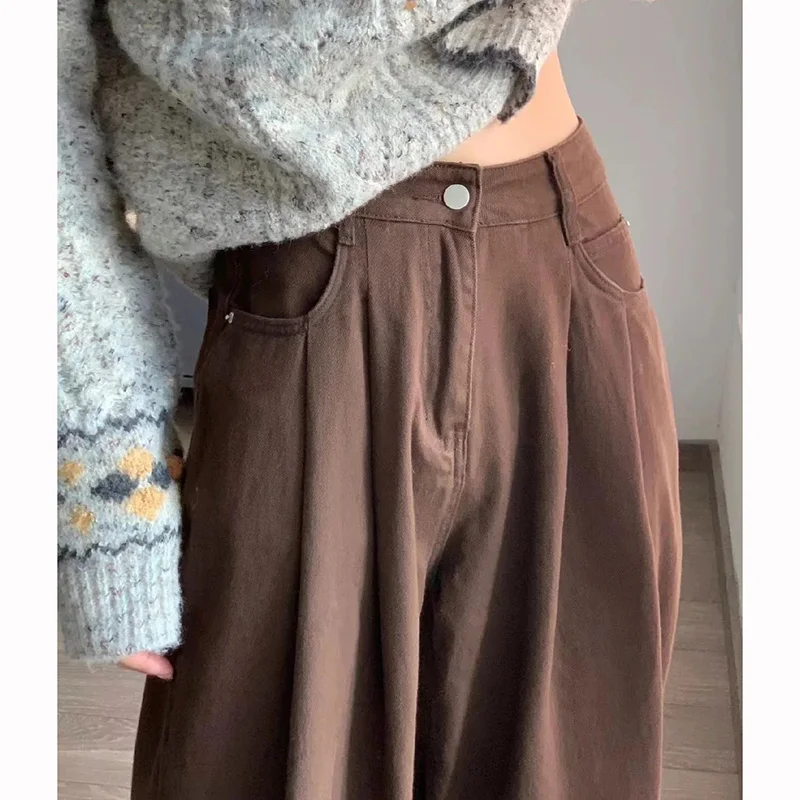 High Street Lady Coffee High Waist Jeans Women Baggy Thin Denim Pants Girls Korean Fashion Straight Leg Trousers