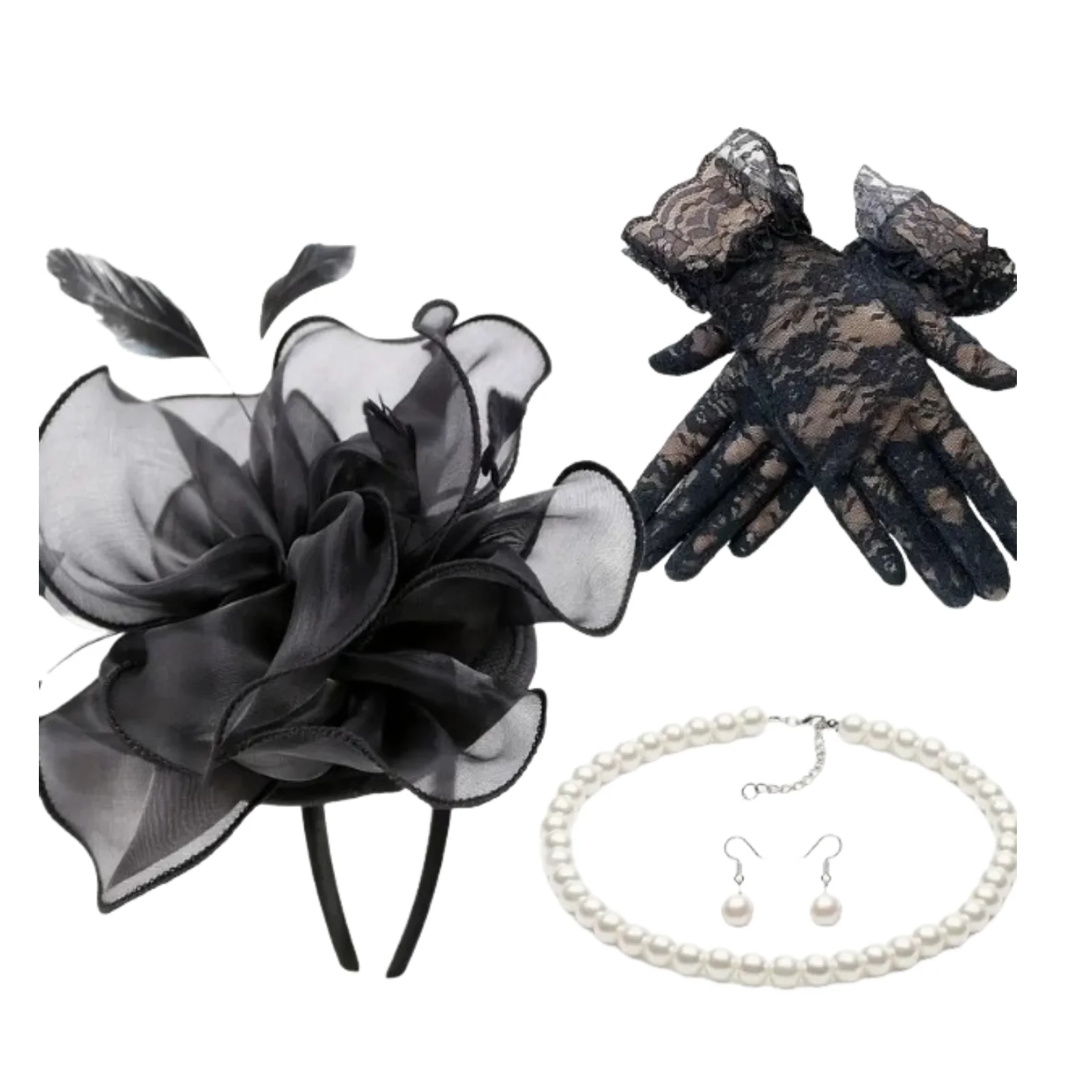 Women's 4Pcs Vintage 1920s Flapper Accessories Set Flower Headband Lace Gloves Pearl Necklace Earrings for Gatsby Party Wedding