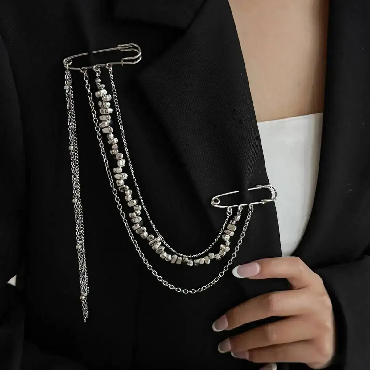 

2026 Exquisite Irregular CCB Beads Chain Multilayer Tassel Double Pin Brooches Men Women Suit Brooch Jewelry Decorat