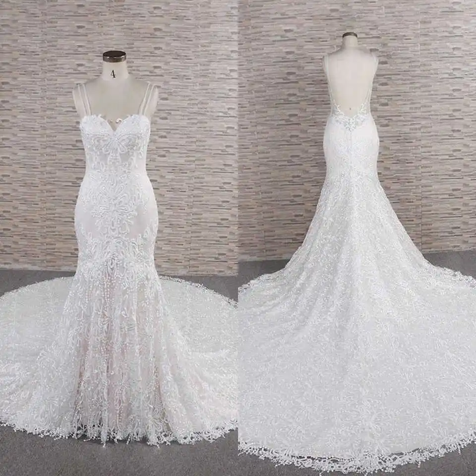 

Customized Mermaid Wedding Dress Backless Spaghetti Lace Appliques Sweep Train Bridal Gowns Vestido De Novia