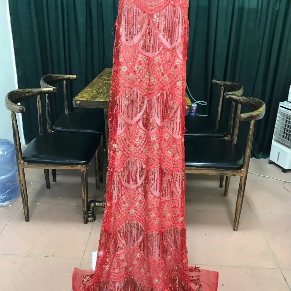 

1 yard Tassel sequin mesh embroidery fabric Nigerian Bridal luxury French Tulle Lace Fabrics For clothing Wedding