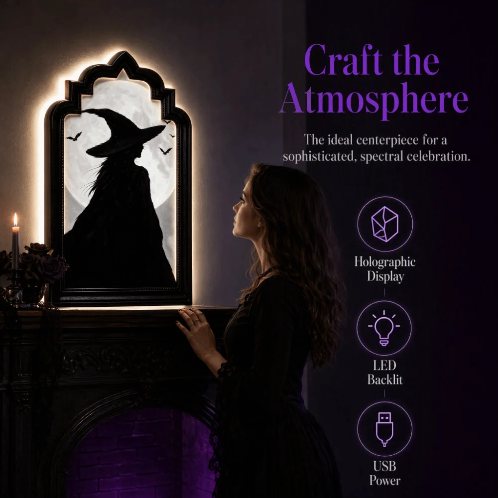 LED Light Up Ghost Mirror Floating Ghost Holographic LED Ghost Mirror Wooden Frame Lighted Hologram Ghost Mirror Wall Ornament