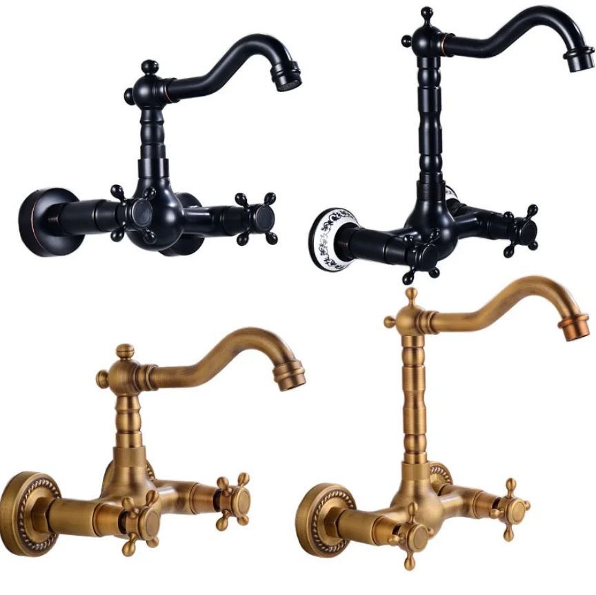 

Copper kitchen wall-mounted faucet with antique and simple style, rotatable, suitable for cold and hot water, for washing vegeta