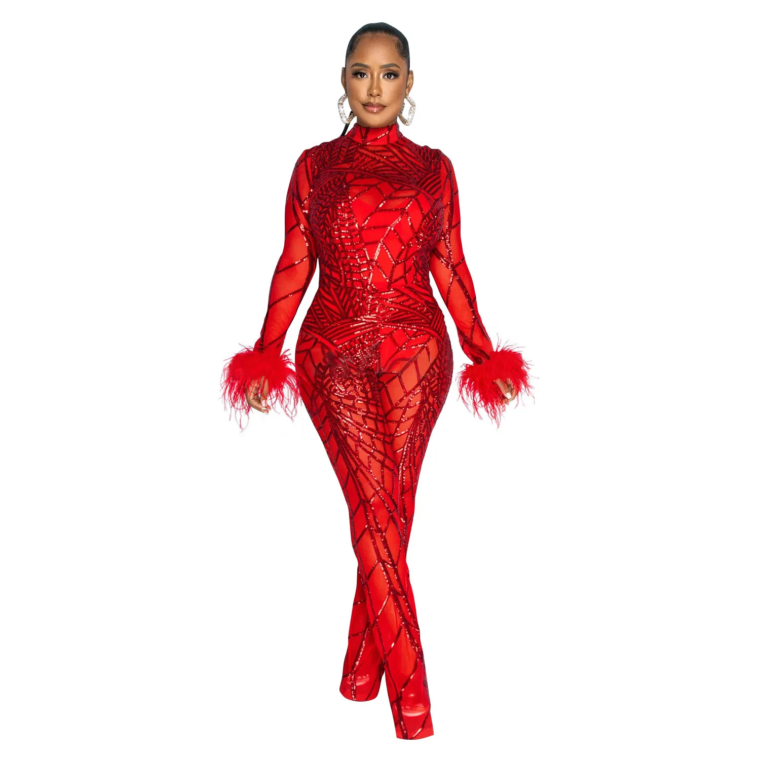

C6808 Fashion Women's Solid Color Mesh Feather Long Sleeved Pants Two Piece Set